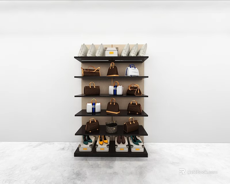Bags Display On Black Multi Tiered Shelf With Various Colors And Styles 3d model 