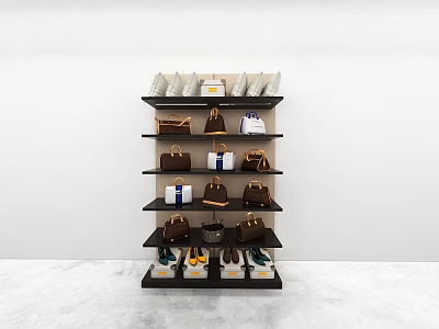 Bags Display On Black Multi Tiered Shelf With Various Colors And Styles 3d model