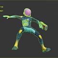 Sci Fi Character in Action Pose with Pink Helmet Teal Body and Colorful Weapon