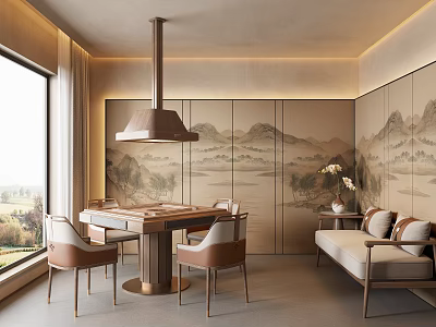 Hotel Mahjong Room With Elegant Decor Round Table Chairs Landscape Paintings Large Window Scenic View 3d model