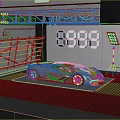 Modern Parking Garage With Silver Sports Car Red Wheels Scaffolding And Hexagonal Panels