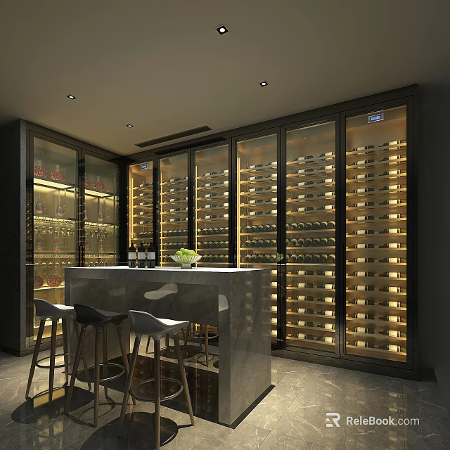 Elegant Wine Cellar Interior Design With Wooden Racks Bar Counter And Stools 3d model 