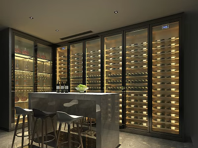 Elegant Wine Cellar Interior Design With Wooden Racks Bar Counter And Stools 3d model