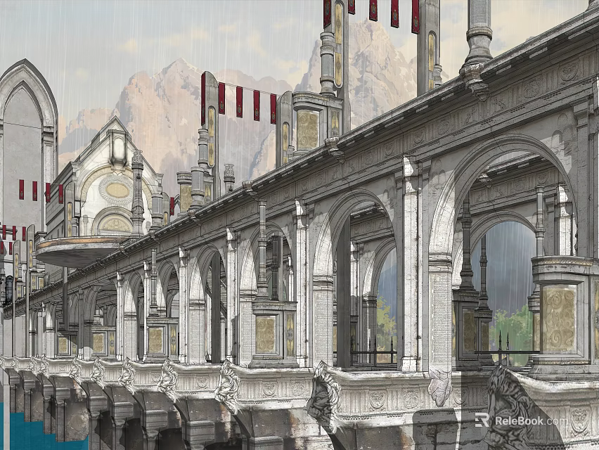 Classical Arched Stone Bridge With Mountain Backdrop Ornate Railings And Flag Decorations 3d model 
