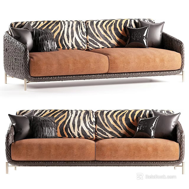 Two Seater Sofa With Zebra Pattern Back Brown Cushions Black Pillows Woven Frame And Metal Legs 3d model 