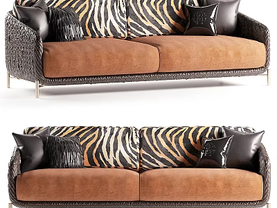 Two Seater Sofa With Zebra Pattern Back Brown Cushions Black Pillows Woven Frame And Metal Legs 3d model