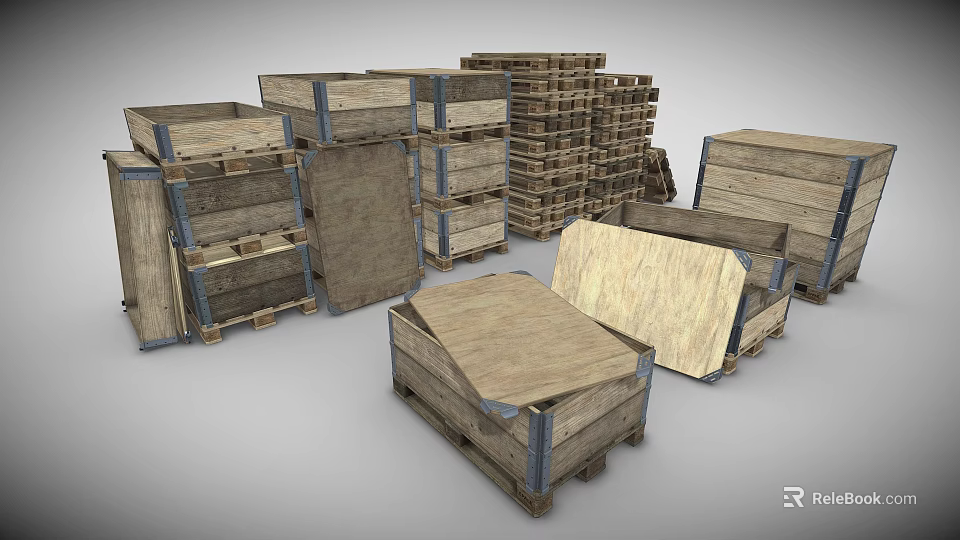 Organized Durable Wooden Crates And Pallets Stacked For Household Supplies Storage 3d model 
