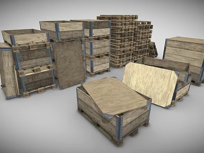 Organized Durable Wooden Crates And Pallets Stacked For Household Supplies Storage 3d model