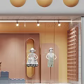 Fashionable Shop Window Display With Mannequins Decorative Spheres Green Plants And Warm Lighting