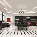 Elegant Bar Interior With Pool Table Red Chairs Black Cabinets Chandelier And Tiled Floor