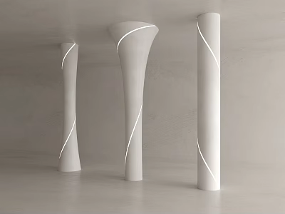 Three Modern White Columns With Spiral Lines Against Gray Walls And Floor 3d model