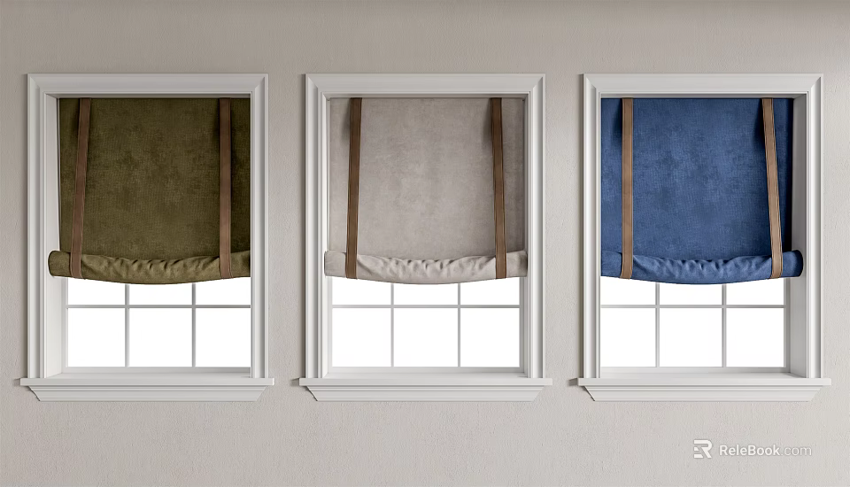 Window Roller Blinds In Three Colors Green Beige And Blue For Home Windows 3d model 