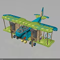 Colorful Cosmic Biplane Toy with Blue Green Design Wooden Parts and Cartoon Face for Kids