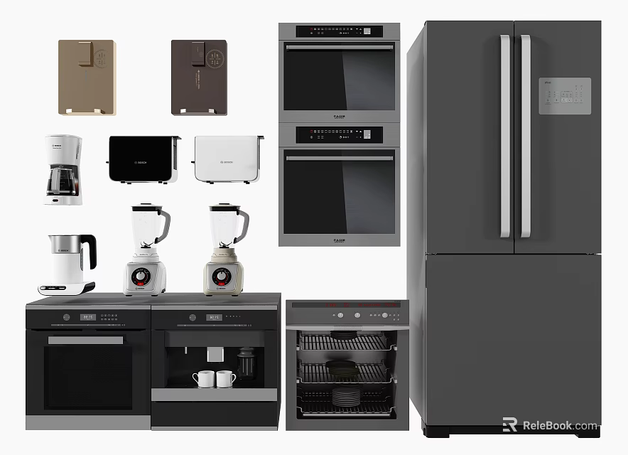 Modern Kitchen With Dark Colored Refrigerator And Various Home Appliances 3d model