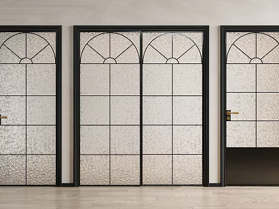 Three Arched Glass Doors Featuring Black Frames And Frosted Geometric Panels In Modern Interior 3d model