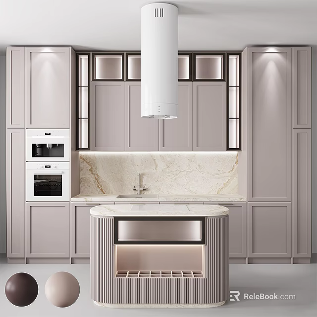 Modern Kitchen Featuring Light Colored Cabinets Marble Countertops And Island With Built In Oven 3d model 