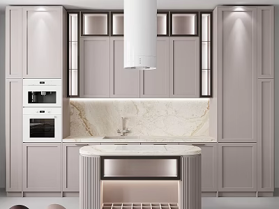 Modern Kitchen Featuring Light Colored Cabinets Marble Countertops And Island With Built In Oven 3d model