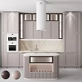 Modern Kitchen Featuring Light Colored Cabinets Marble Countertops And Island With Built In Oven