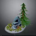 Natural Winter Scene With Snowy Ground Blue Rock Pine Tree And Small Plants