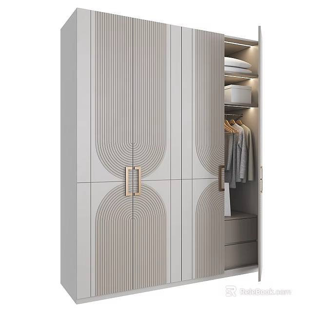 Elegant Modern Wardrobe With Curved Line Doors Gold Handles And Internal Storage 3d model 