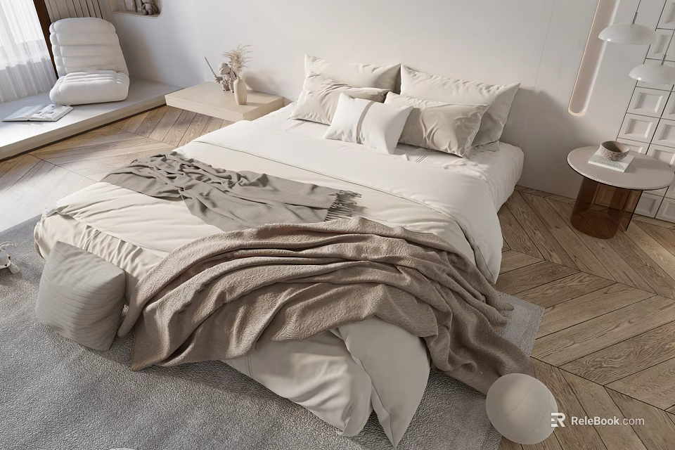 Modern Double Bed Interior With Neutral Tones Soft Blanket Pillows Area Rug And Wooden Floor 3d model 