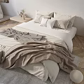 Modern Double Bed Interior With Neutral Tones Soft Blanket Pillows Area Rug And Wooden Floor