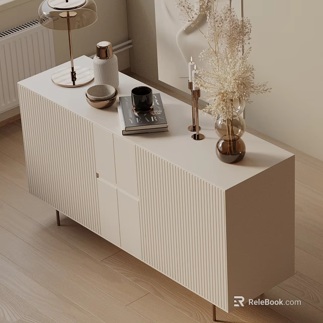 Modern Entryway Cabinet Sideboard With White Vertical Slats Top Vase And Books 3d model 