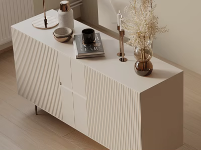 Modern Entryway Cabinet Sideboard With White Vertical Slats Top Vase And Books 3d model