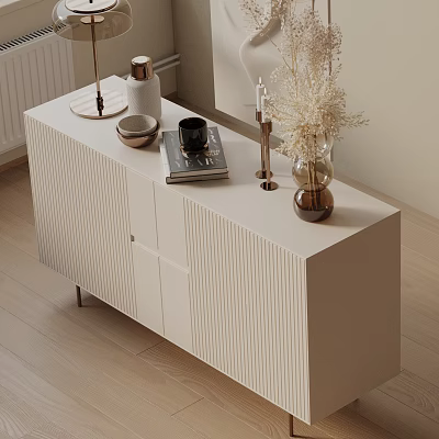 Modern Entryway Cabinet Sideboard With White Vertical Slats Top Vase And Books 3d model