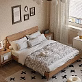 Cozy Bedroom Interior With Double Bed Wooden Headboard Framed Art Patterned Bedding And Curtains