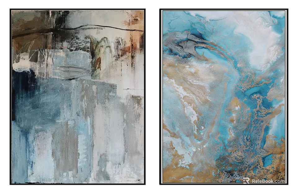 Modern Abstract Paintings With Blue Gray Brown Fluid Textures For Wall Art Decor 3d model 