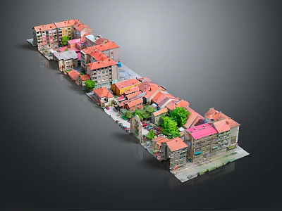 Cartoon Scene With Colorful Houses Red Orange Pink Roofs Green Trees And Street 3d model