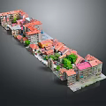 Cartoon Scene With Colorful Houses Red Orange Pink Roofs Green Trees And Street