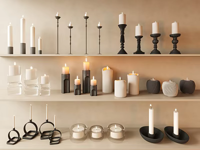 Modern Decorative Ornament Set With Various Candles And Candle Holders On Shelves 3d model