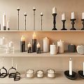 Modern Decorative Ornament Set With Various Candles And Candle Holders On Shelves