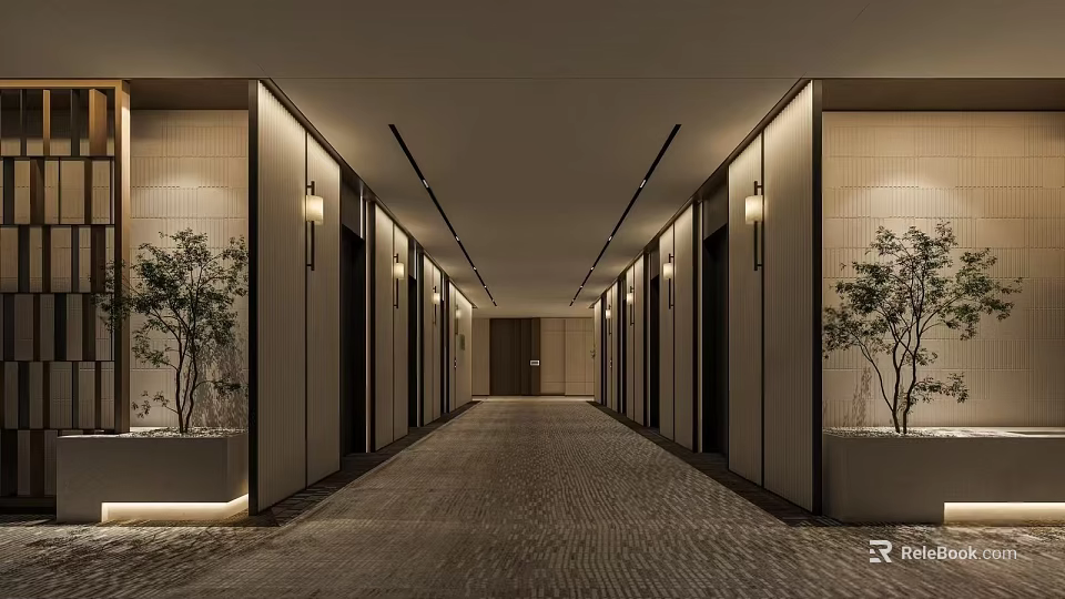 Modern Hotel Corridor Interior Design With Wall Lamps Potted Plants And Textured Flooring 3d model 