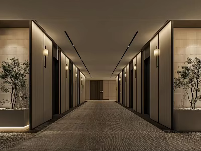 Modern Hotel Corridor Interior Design With Wall Lamps Potted Plants And Textured Flooring 3d model