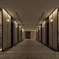 Modern Hotel Corridor Interior Design With Wall Lamps Potted Plants And Textured Flooring