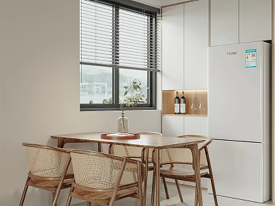 Modern Dining Area With Wooden Table Rattan Chairs White Cabinets Window Blinds And Refrigerator 3d model