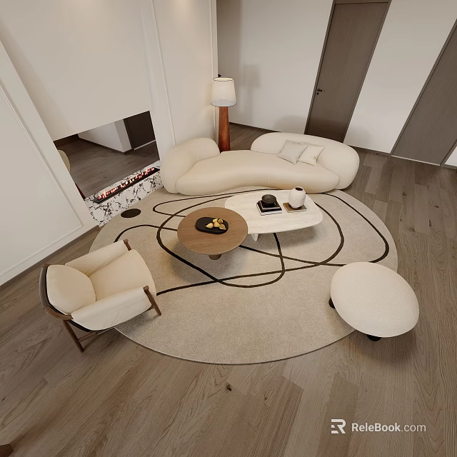 Modern Living Room Sofa And Coffee Table Set With Round Rug Accent Chair And Floor Lamp 3d model 