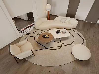 Modern Living Room Sofa And Coffee Table Set With Round Rug Accent Chair And Floor Lamp 3d model
