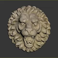 Stone Lion Head Sculpture With Detailed Mane And Facial Features On Dark Reflective Surface