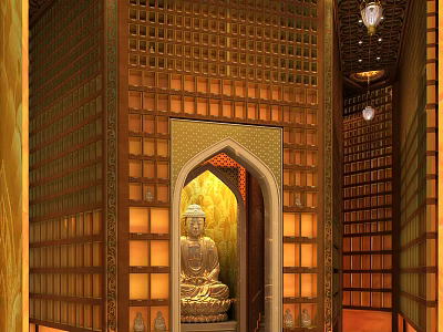 Buddhist Temple Interior With Golden Buddha Statue And Wooden Lattice Walls 3d model