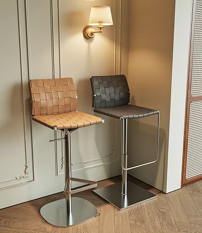 Brown and black bar stools with woven seat backrest and metal legs in modern corner 3d model