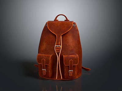 Brown Leather Backpack With Two Front Pockets And Vintage Buckle Design 3d model