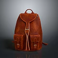 Brown Leather Backpack With Two Front Pockets And Vintage Buckle Design 3d model