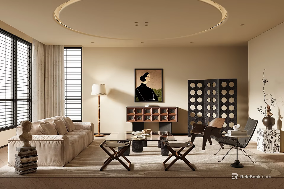 Modern Living Room Interior With Beige Sofa Circular Ceiling Light Wall Painting And Bookshelf 3d model 