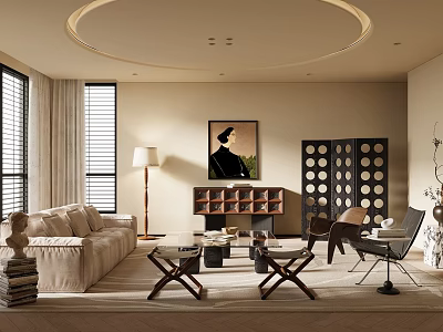 Modern Living Room Interior With Beige Sofa Circular Ceiling Light Wall Painting And Bookshelf 3d model