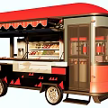 Red Roof Food Truck With Striped Awning Black Red Patterns Interior Shelves And Wheels