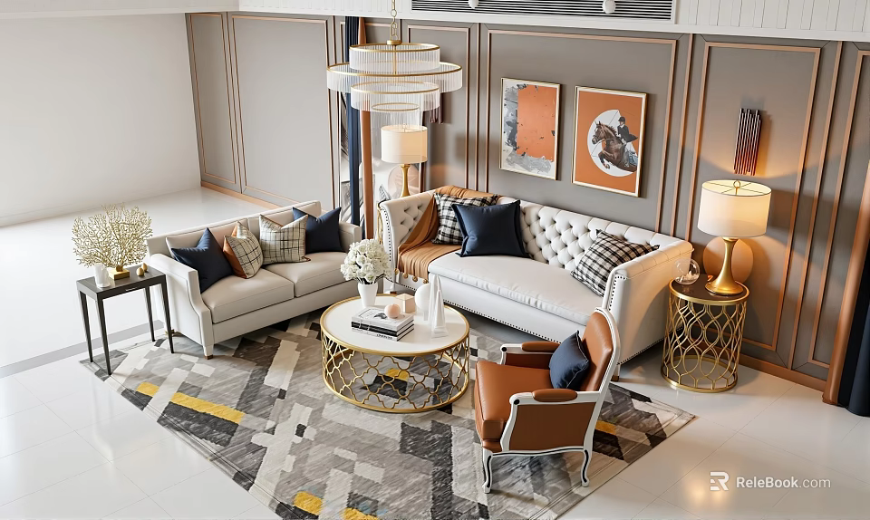 Elegant Modern Living Room Interior With Sectional Sofa Armchair Coffee Table And Decorative Paintings 3d model 